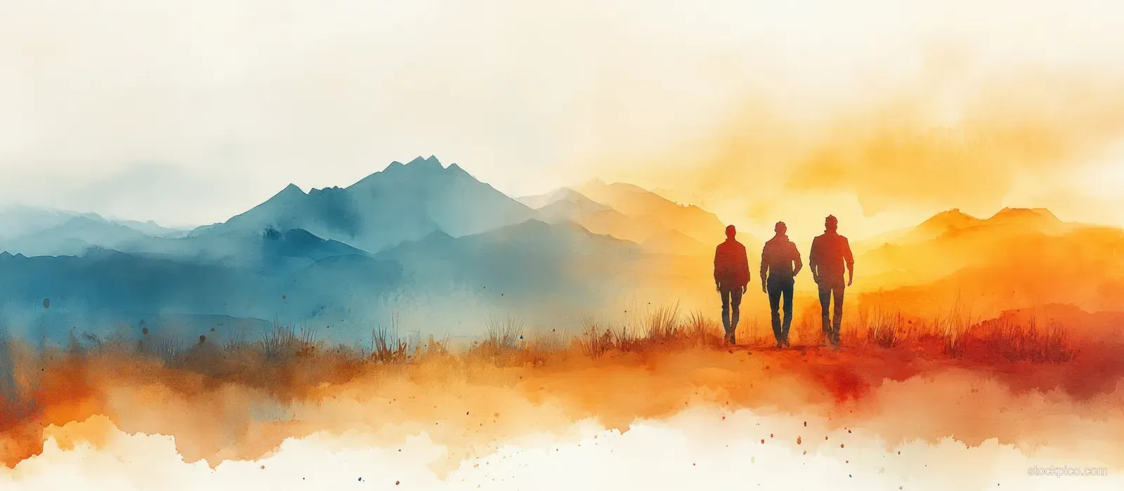 Two travelers walk across misty desert dunes beneath a warm watercolor sunset with hazy mountains in the background.