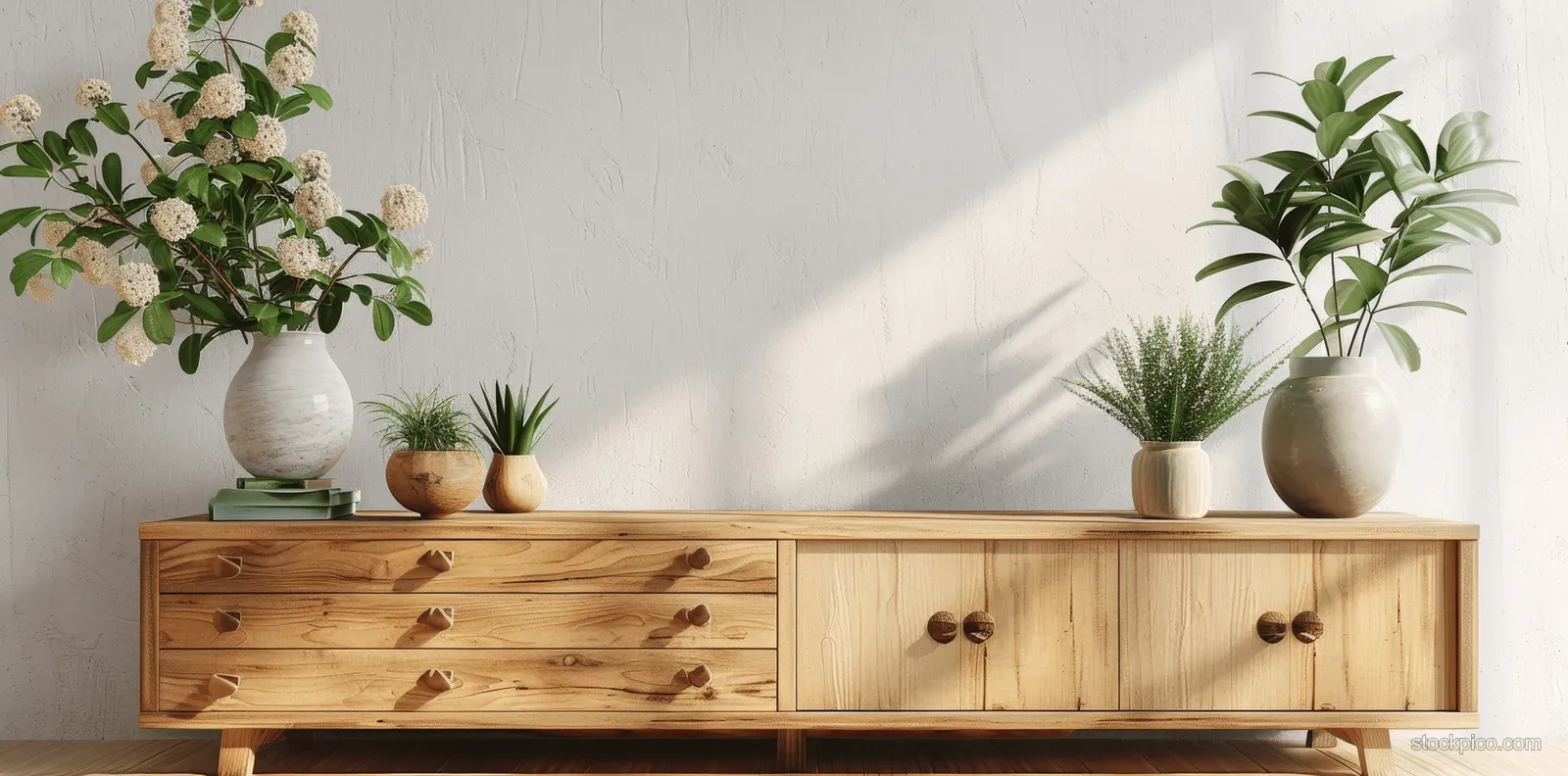 Minimalist wooden sideboard with drawers and potted plants arranged against a white wall with soft sunlight shadows.
