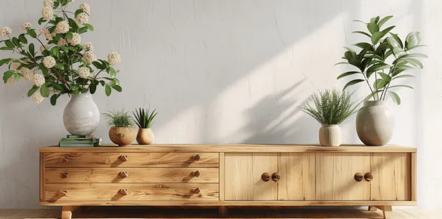 Minimalist wooden sideboard with drawers and potted plants arranged against a white wall with soft sunlight shadows.