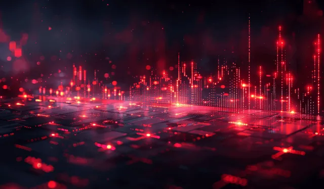 Glowing red stock market trading graph and data points rise over a dark futuristic finance grid.