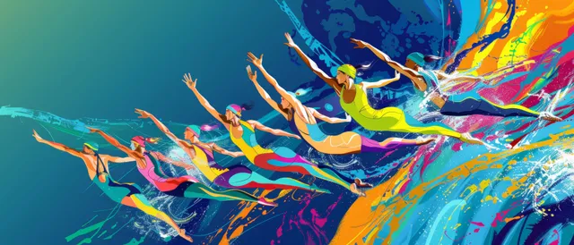 Ukrainian synchronized swimmers in a colorful splash, arms extended during a mid-routine performance.
