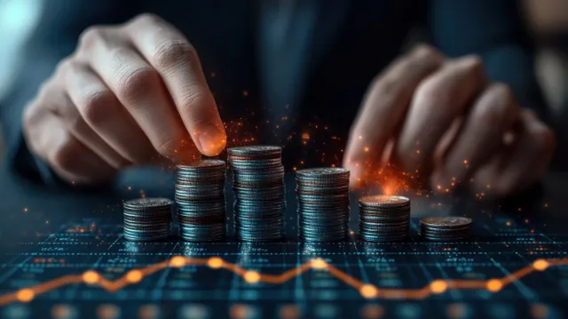 Hands stacking coins beside glowing investment graph data points and rising line