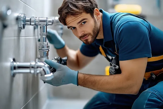 Young plumber in blue uniform fitting shiny metal pipes on a tiled wall