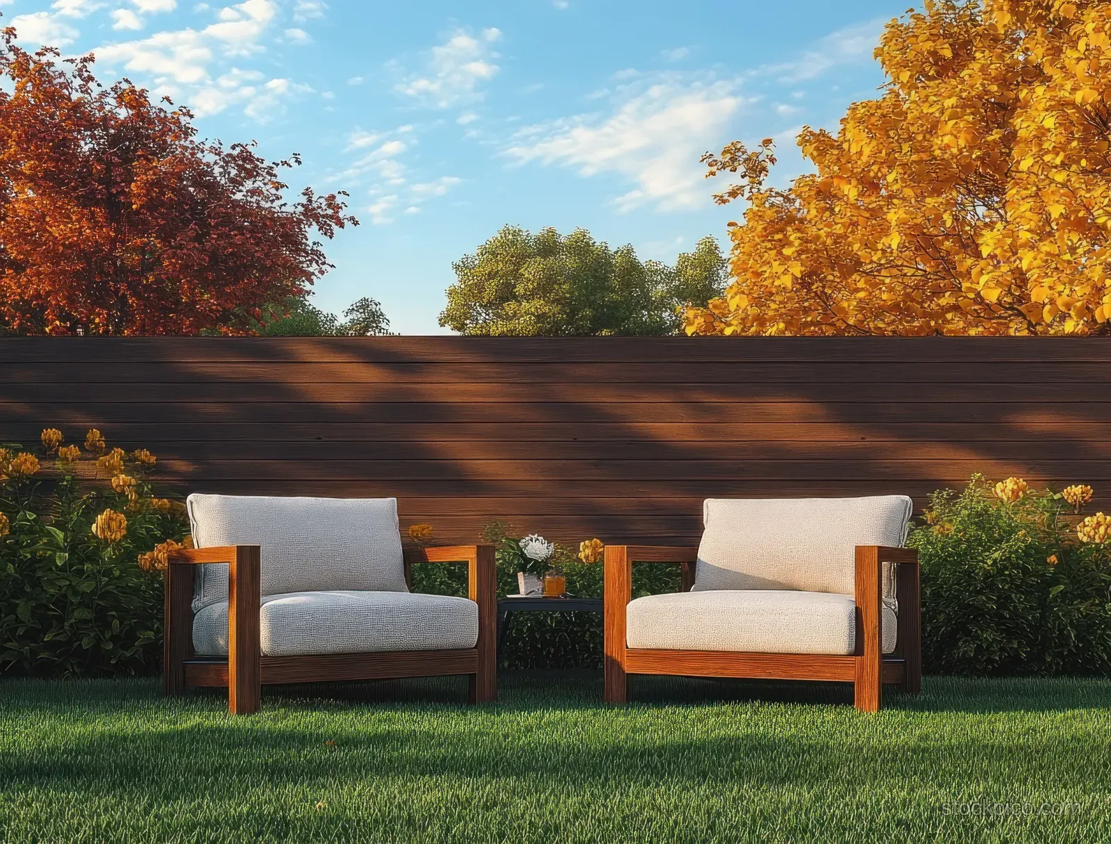 Cushioned wooden lounge chairs on grass in a sunny autumn garden with trees, fence, and blue sky.