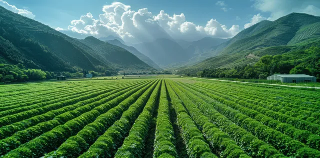 Rows of green crops stretch through a mountain valley with farm machinery and irrigation lines in bright daylight.