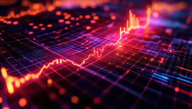 A red candlestick chart drops sharply across a glowing grid with blurred market signals in the background.