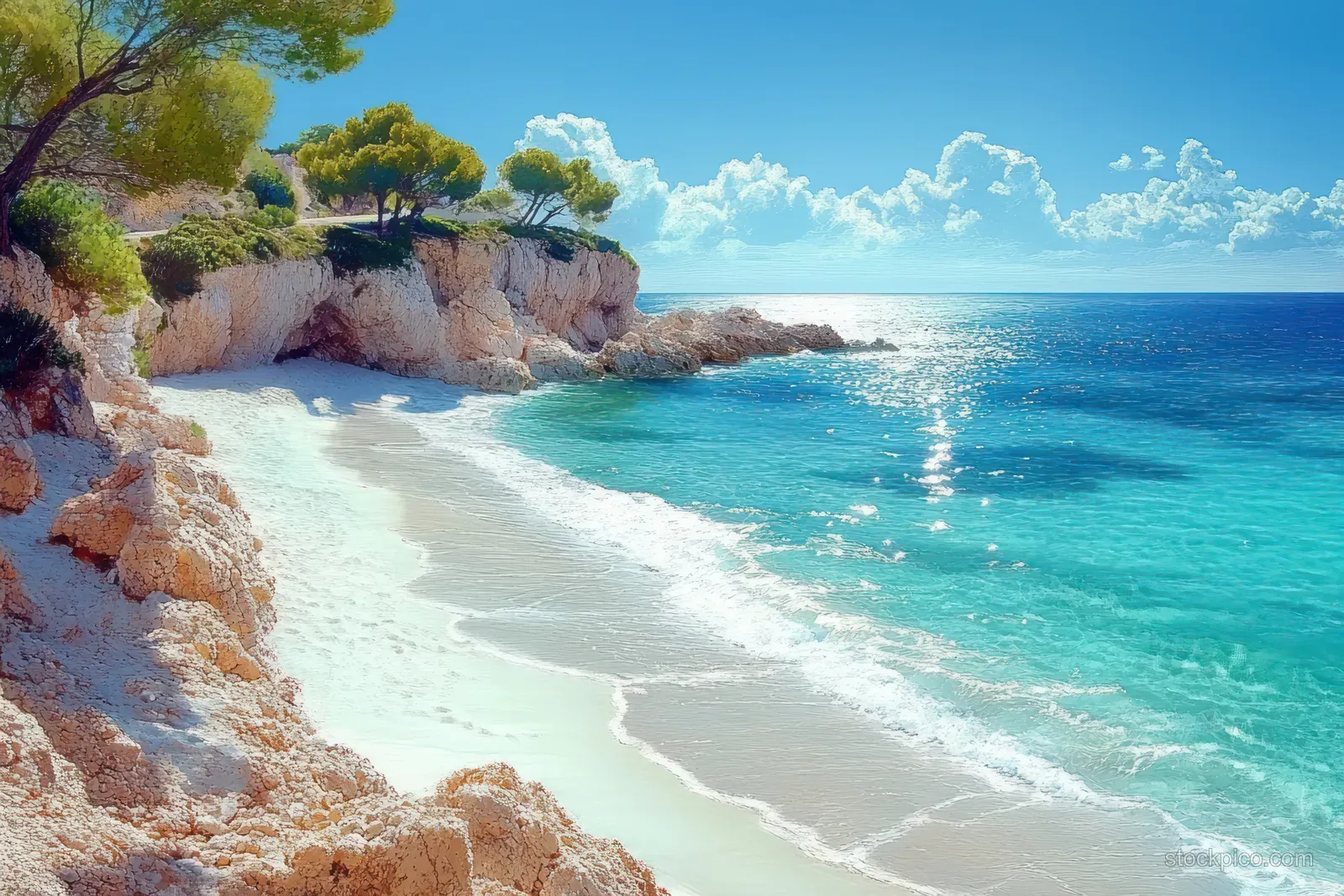 White-sand cove at Cala Gat with turquoise water lapping against sunlit rocky cliffs and pine trees.