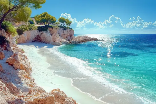 White-sand cove at Cala Gat with turquoise water lapping against sunlit rocky cliffs and pine trees.