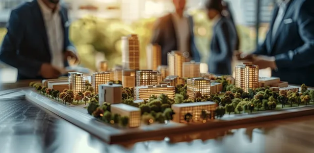 Architect and business team discuss a city scale model with towers and a park on a sunlit office desk.