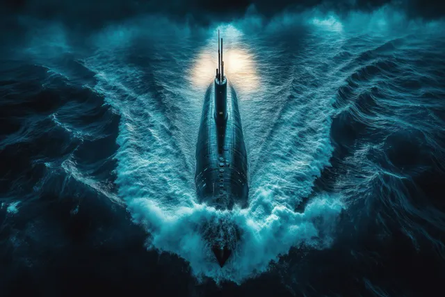 A submarine moves through dark ocean water at night, sending frothy waves outward on both sides.