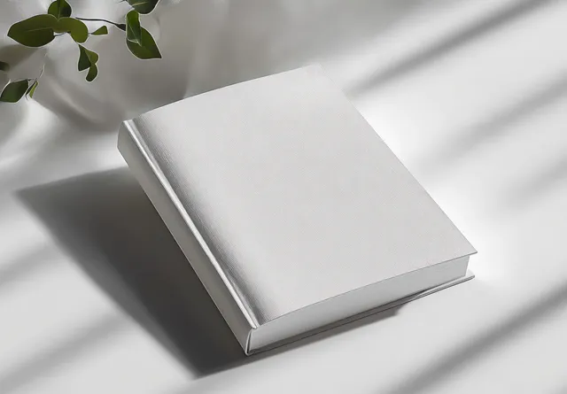 Closed blank white hardcover book on table with soft leaf shadows in corner