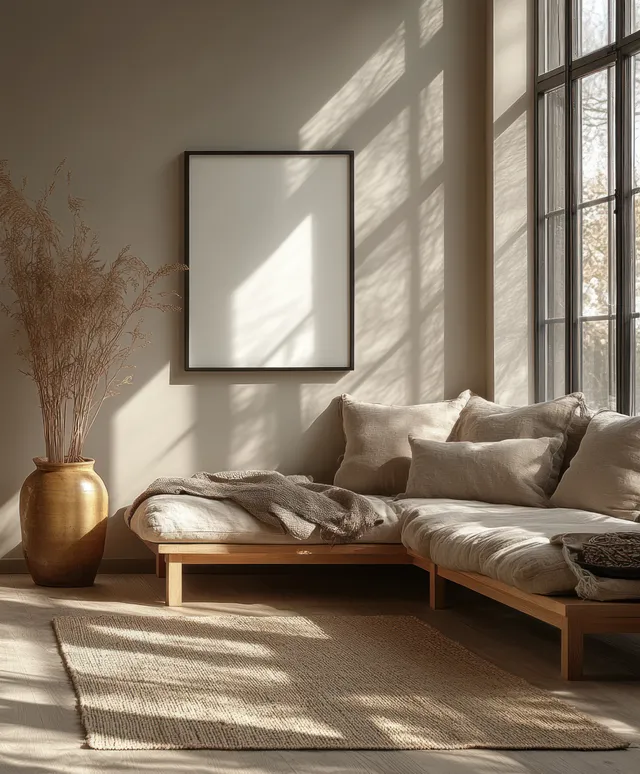 Black-framed wall picture hangs above a minimalist sofa as sunlight creates soft shadows across the room.