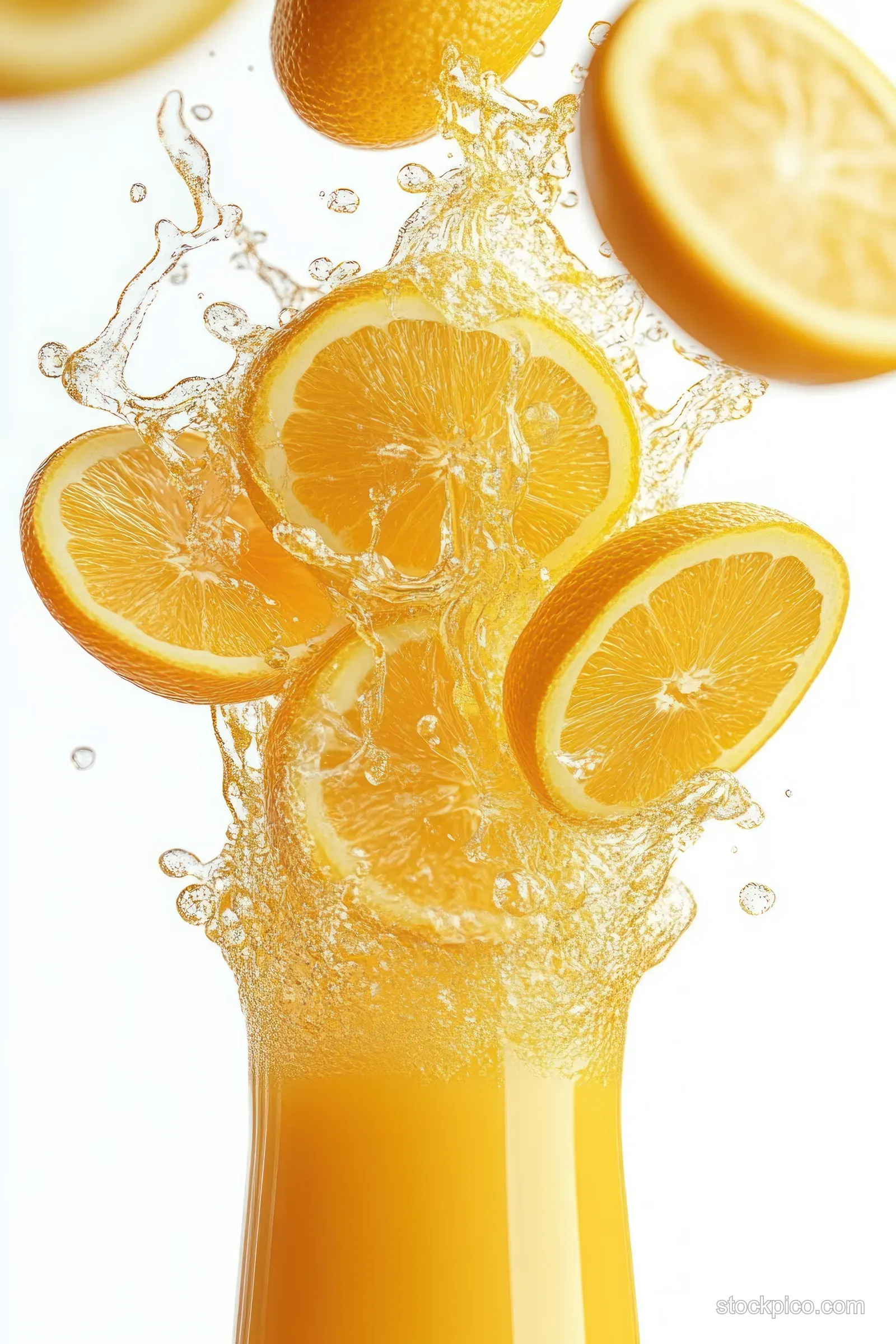 Orange juice splashes upward with floating orange slices and droplets against a bright white background.