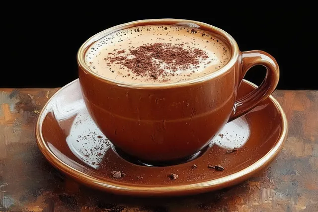 Brown ceramic cappuccino cup with cocoa dusting, frothy crema, on matching saucer
