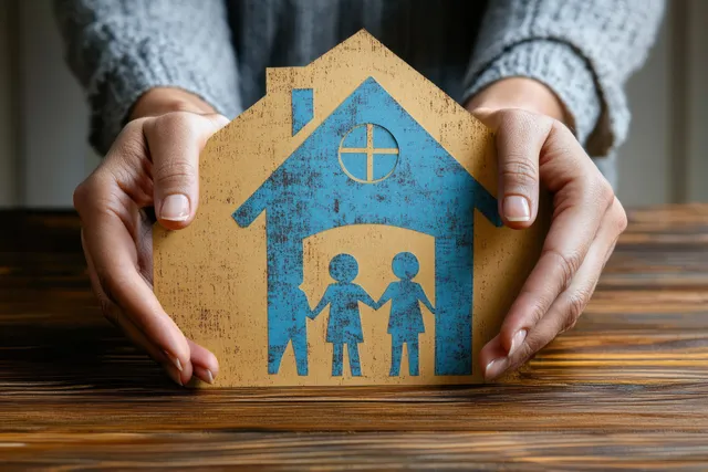 Hands hold a wooden house cutout with a blue family figure symbol on a wooden table.