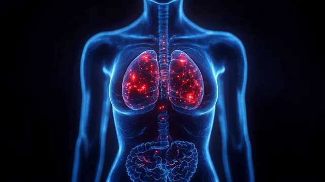 Female torso anatomy illustration showing glowing lungs with red neural network patterns