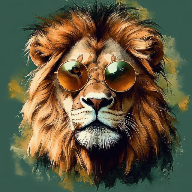Lion head portrait wearing round sunglasses, watercolor splashes, warm ginger mane