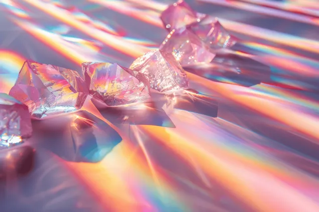 Fragmentos de cristal iridiscente refractan rayos de luz arcoíris sobre un fondo pastel resplandeciente.