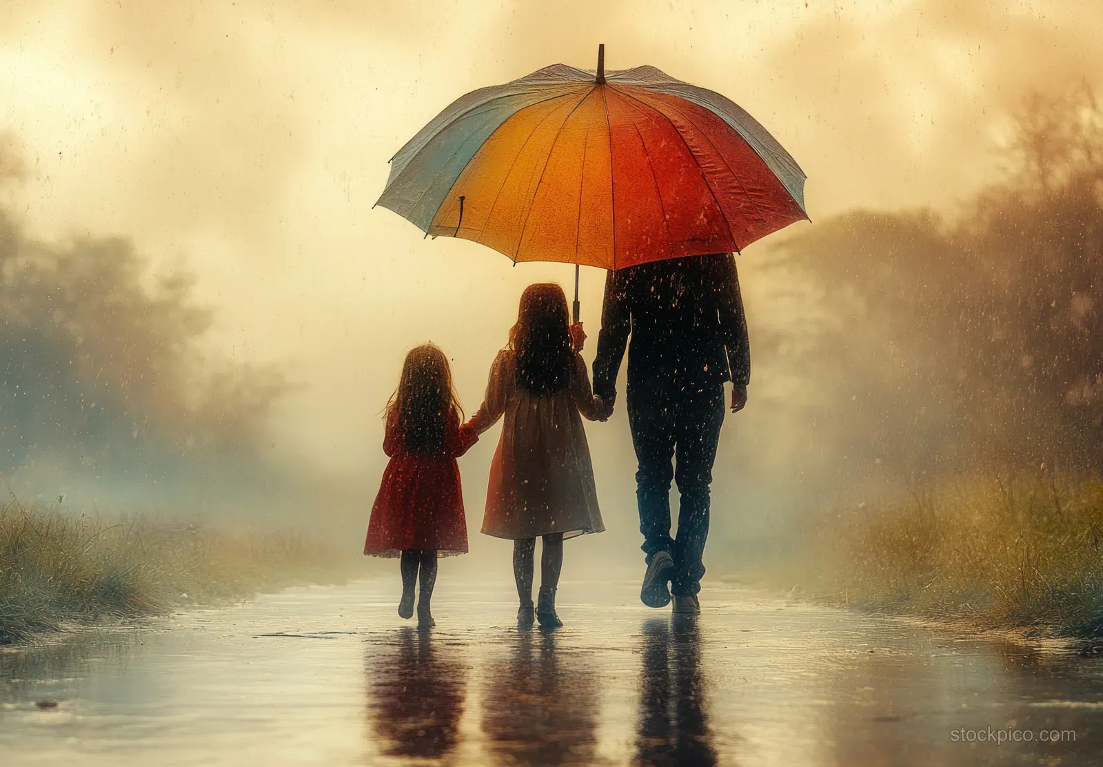 An Indian family walks together under a colorful umbrella on a rain-soaked road.
