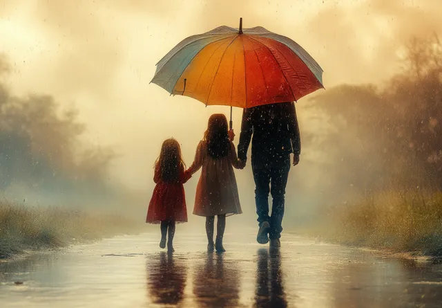 An Indian family walks together under a colorful umbrella on a rain-soaked road.