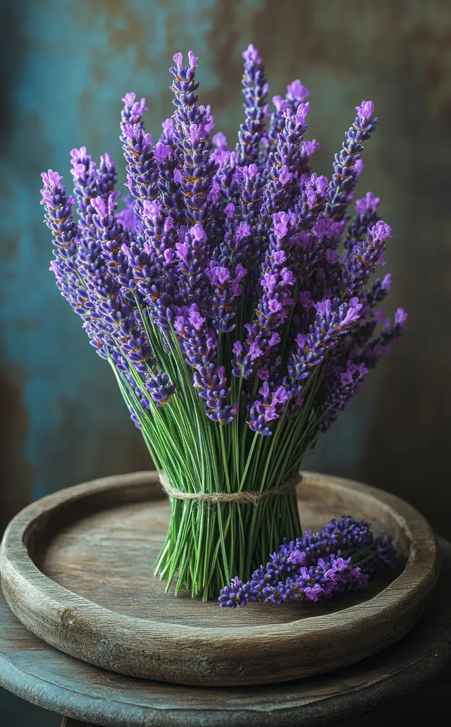 Lavender bundle resting on rustic wooden plate with soft natural window light