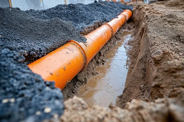 Orange sewage pipe laid in a trench beside packed soil and gravel during home construction utility work.
