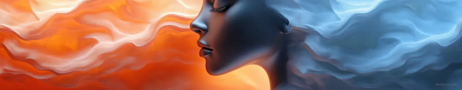 An abstract side profile formed from swirling blue and orange shapes representing inner thoughts and emotional conflict.