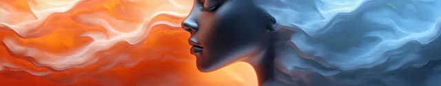 An abstract side profile formed from swirling blue and orange shapes representing inner thoughts and emotional conflict.