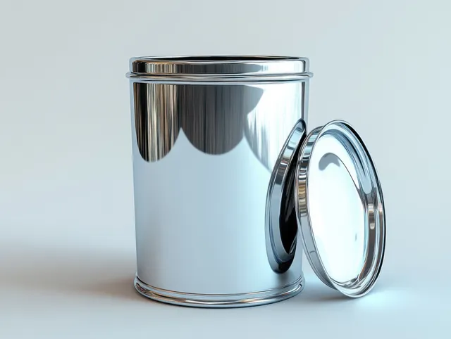 Reflective chrome metal trash can with a leaning open lid on a clean studio background.