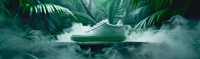 Green and white junior sport sneakers sit on mist above tropical jungle leaves in a retail display scene.