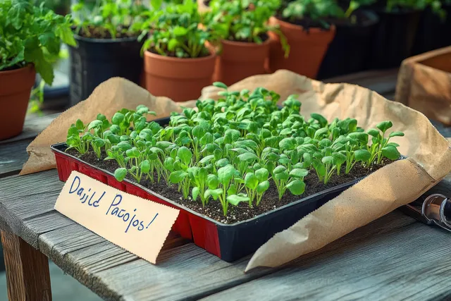 Green seedlings in a soil tray sit on a wooden table with seed packets and small garden tools nearby.