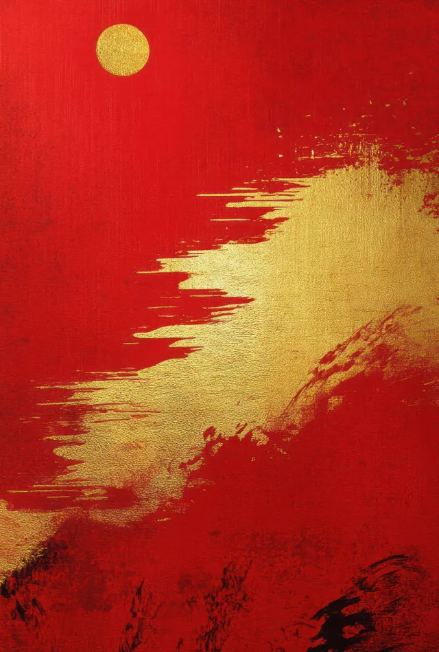 Golden paint brushstroke sweeps across a deep red, grainy Chinese New Year background with a small glowing dot.