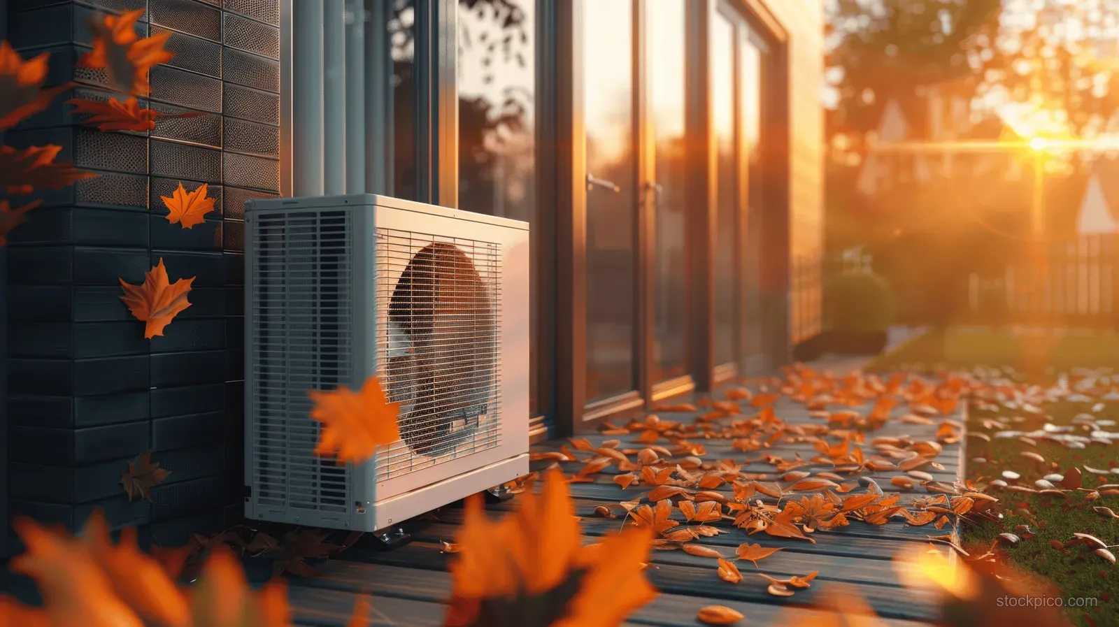 An outdoor heat pump sits beside a house terrace covered with autumn leaves at sunset.