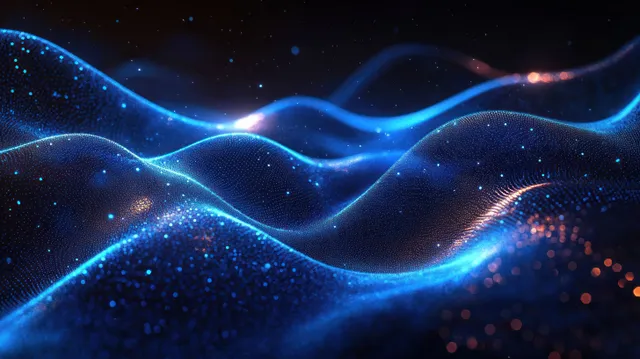 Glowing blue and orange particle waves sweep across a dark digital grid-like landscape with flowing light.