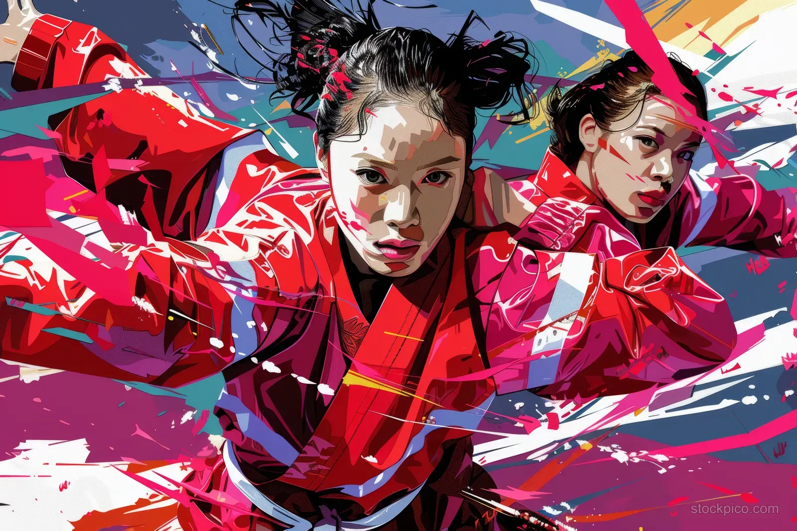 Two Japanese women dancers perform a freeze breakdance pose amid colorful splashing action graphics.
