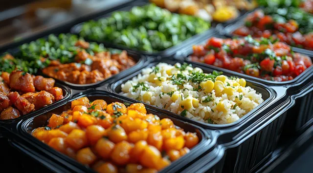 Black takeaway trays show salad rice, curry, and vegetable portions with colorful toppings.