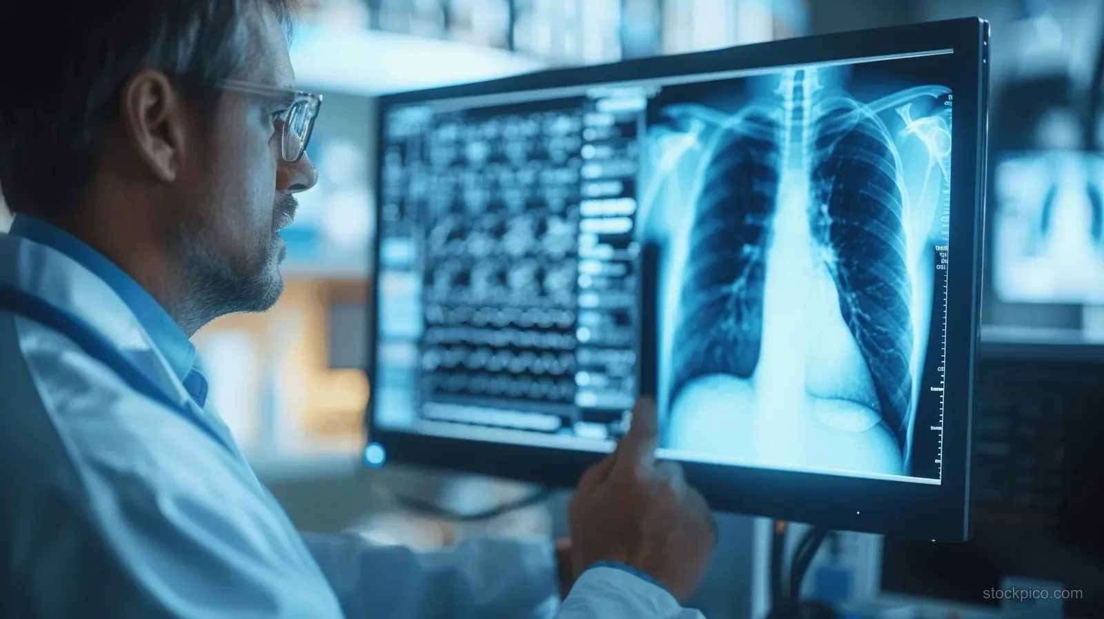 A doctor studies a lung X-ray on a monitor in a hospital, with blue imaging light glowing across the scene.