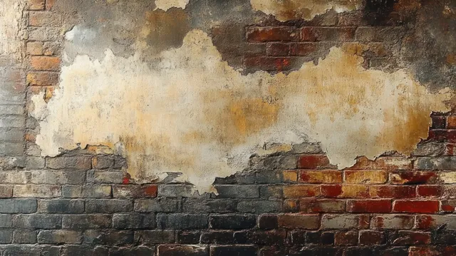 Peeling plaster on an aged brick wall reveals red and dark bricks with rough, cracked surfaces.