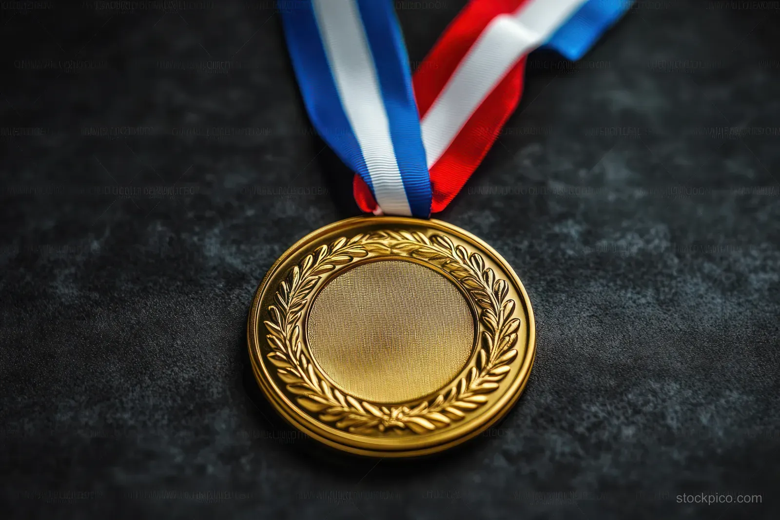 Gold medal with red white and blue ribbon centered against a dark textured background.