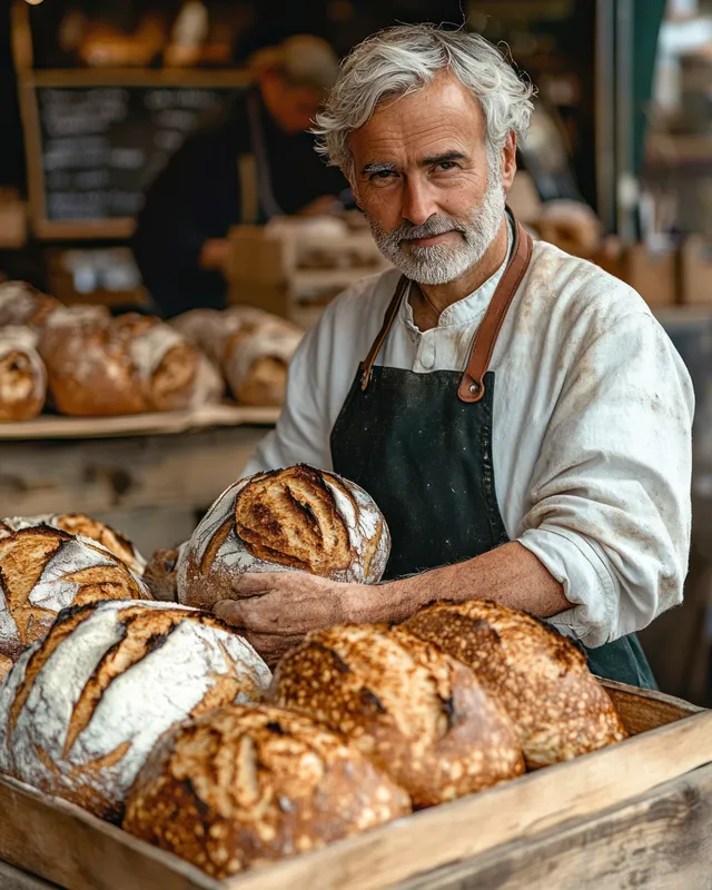 An older gray-bearded baker holds a rustic artisan loaf while other breads sit on a bakery counter behind him.