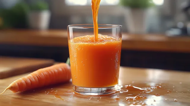 A stream of carrot juice pours into a clear glass on a wooden kitchen counter beside a whole carrot.