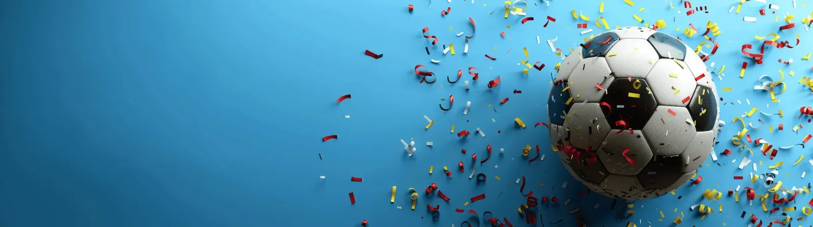 A soccer ball sits on a blue background with colorful confetti flying around it.