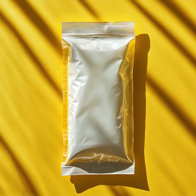 Overhead view of protein bar pouch mockup on bright yellow fabric backdrop