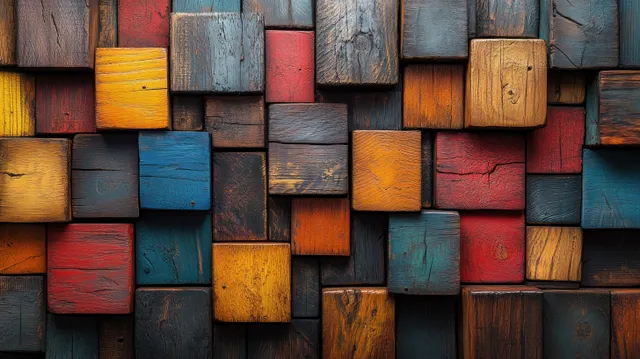 Weathered wooden blocks in blue, red, and yellow form a dense abstract mosaic wall.
