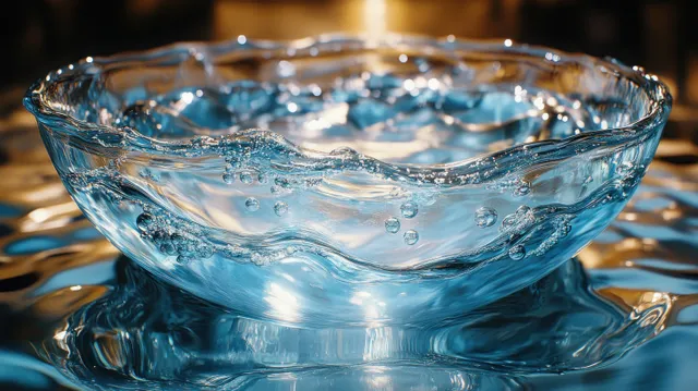Sparkling blue water bubbles rising in a glass bowl under soft natural light