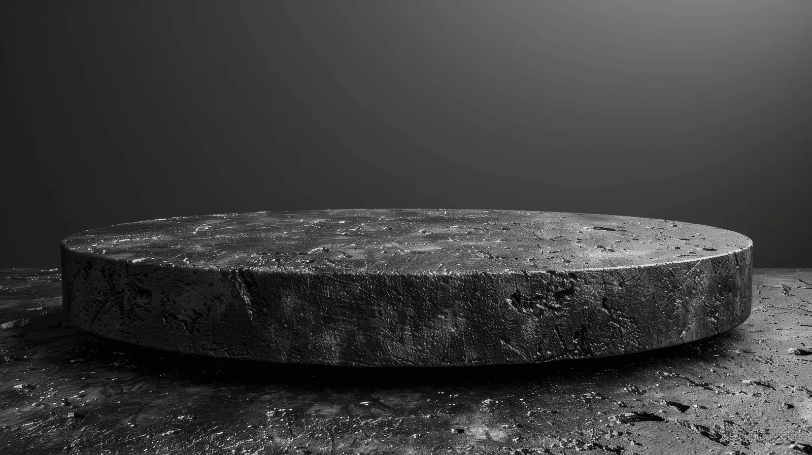 Round black concrete pedestal with rough dusty surface on a dark studio floor background.
