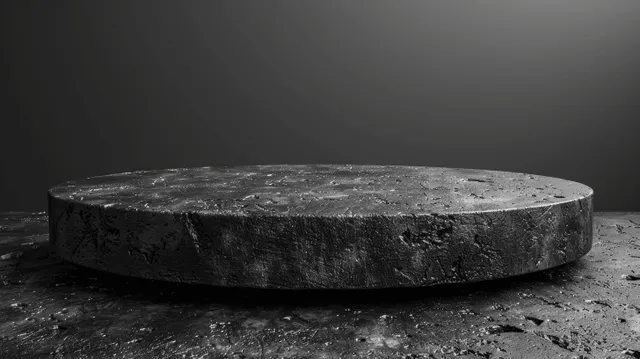 Round black concrete pedestal with rough dusty surface on a dark studio floor background.
