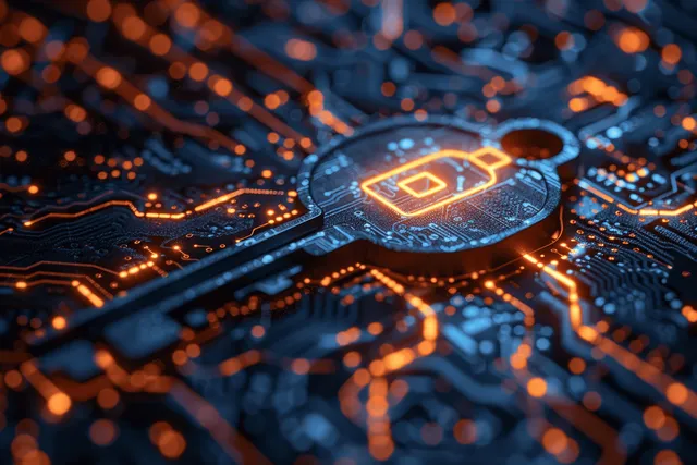 Digital key hologram hovering over smart house circuit interface with glowing access icon