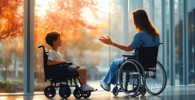 A doctor and a smiling girl in a wheelchair high five in a bright hospital hallway with soft sunlight.