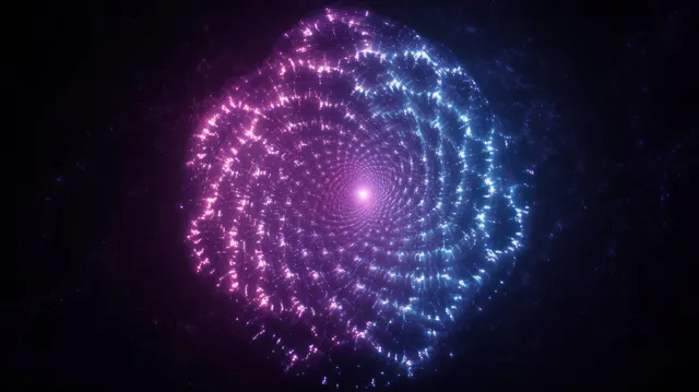 Pink and blue glowing neon spiral of light points radiates from the center on a dark background.